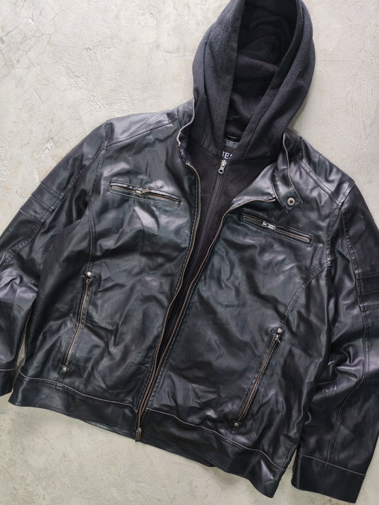 Jacket Guess Negro Moto Capucha Jersey Multi-Zipper Talla L/Over