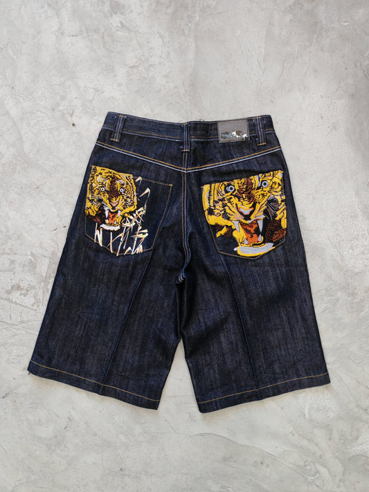 Short Denim Baggy Exá Label Tigres — Azul Oscuro Talla 32