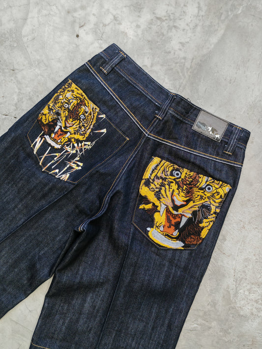 Short Denim Baggy Exá Label Tigres — Azul Oscuro Talla 32