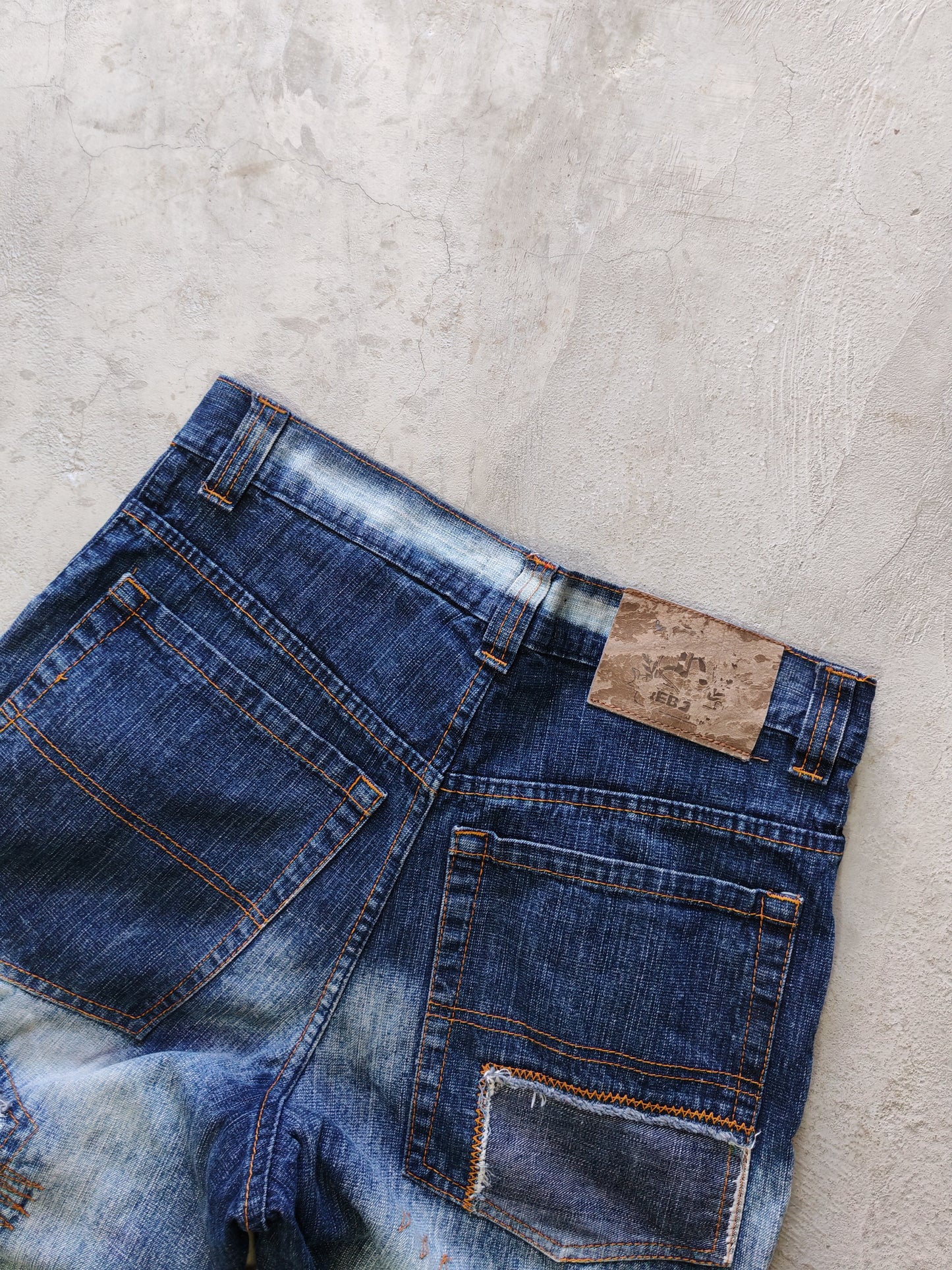 Reboss Patchwork Baggy Denim Shorts Blue – W32