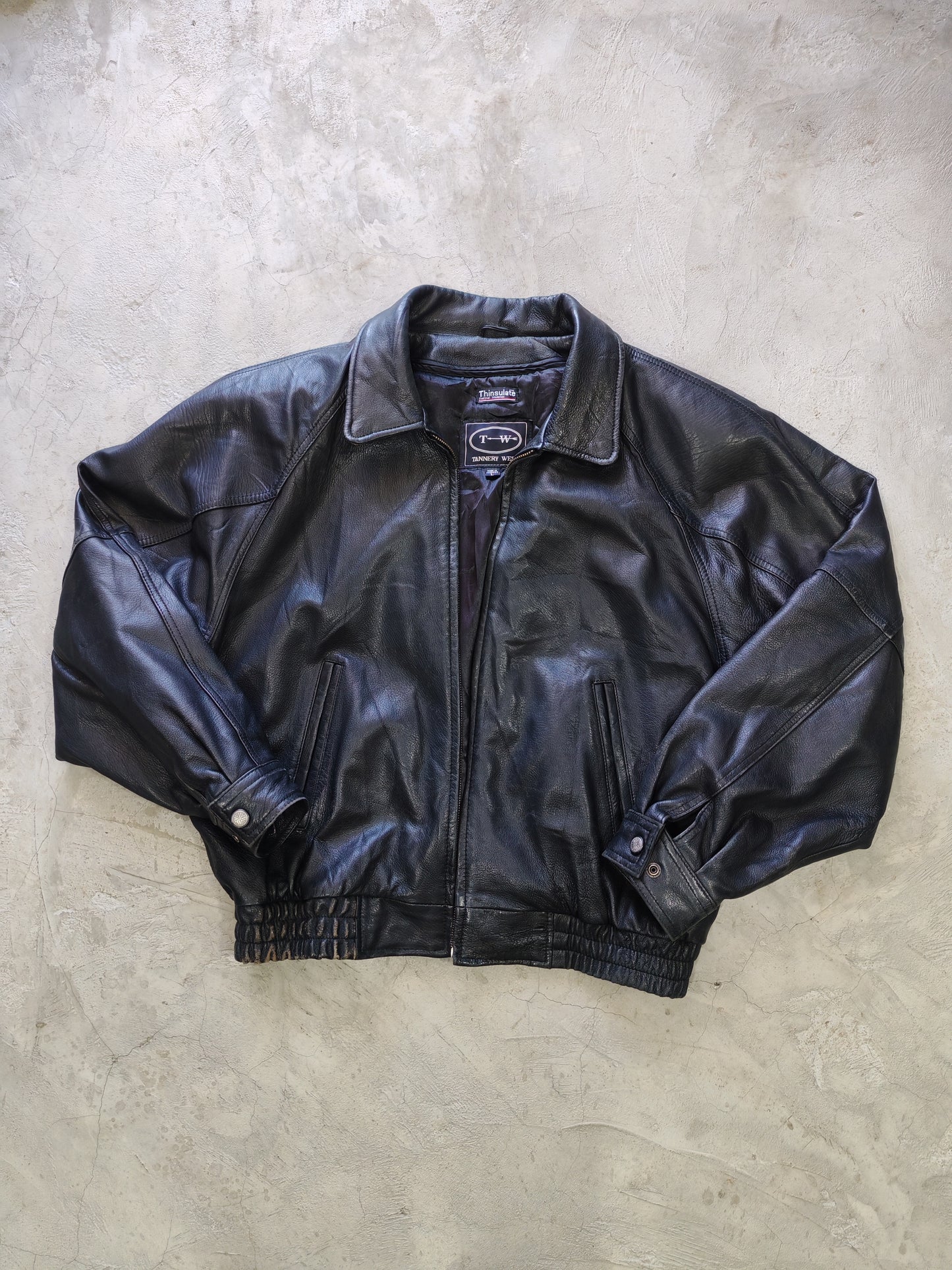 Tannery West Genuine Leather Bomber Jacket Black Boxy – L