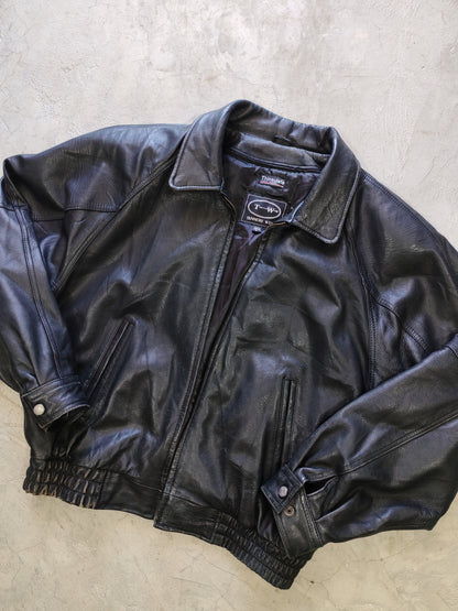 Tannery West Genuine Leather Bomber Jacket Black Boxy – L