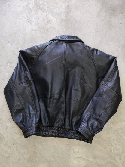 Tannery West Genuine Leather Bomber Jacket Black Boxy – L