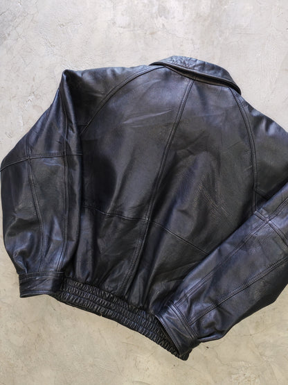 Tannery West Genuine Leather Bomber Jacket Black Boxy – L