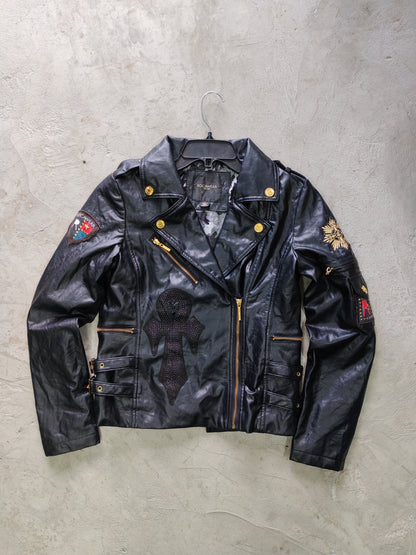 Rocawear Moto Biker Leather Jacket Black Gold – M Mujer / S Hombre