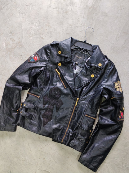 Rocawear Moto Biker Leather Jacket Black Gold – M Mujer / S Hombre