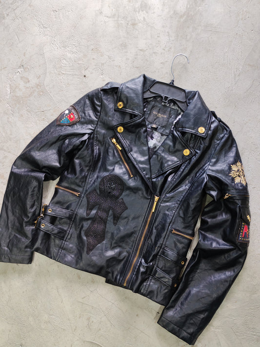 Rocawear Moto Biker Leather Jacket Black Gold – M Mujer / S Hombre
