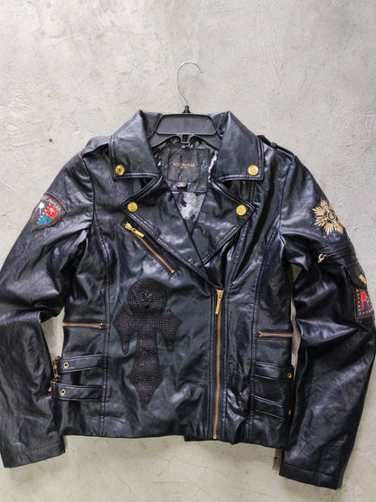 Rocawear Moto Biker Leather Jacket Black Gold – M Mujer / S Hombre