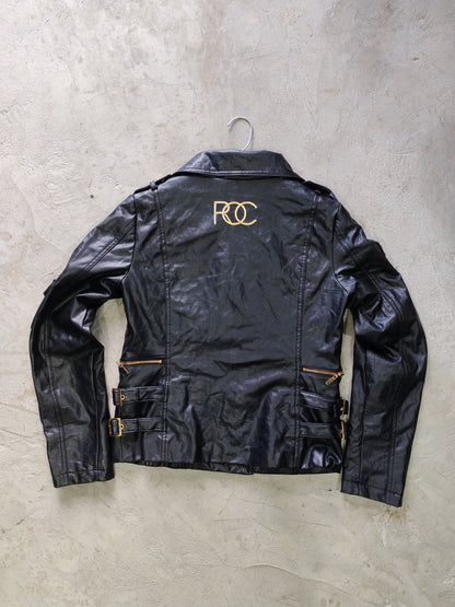 Rocawear Moto Biker Leather Jacket Black Gold – M Mujer / S Hombre