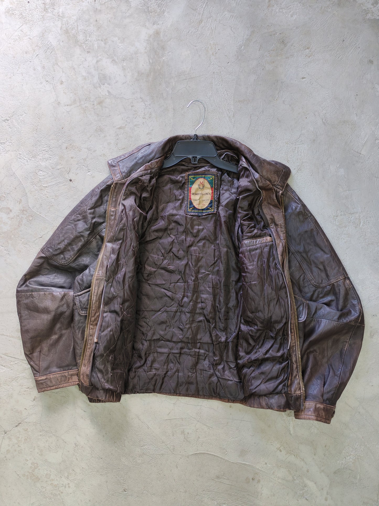 Members Only Quality Leather Bomber Jacket Brown Distressed – L Boxy