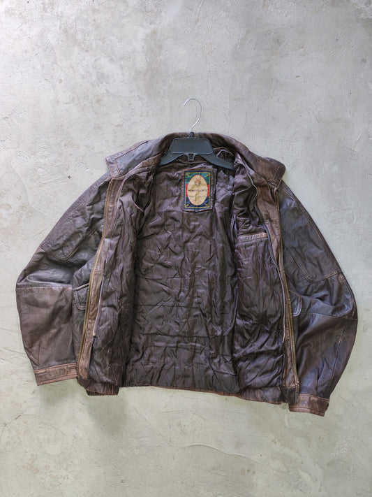 Members Only Quality Leather Bomber Jacket Brown Distressed – L Boxy
