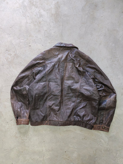 Members Only Quality Leather Bomber Jacket Brown Distressed – L Boxy