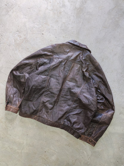 Members Only Quality Leather Bomber Jacket Brown Distressed – L Boxy