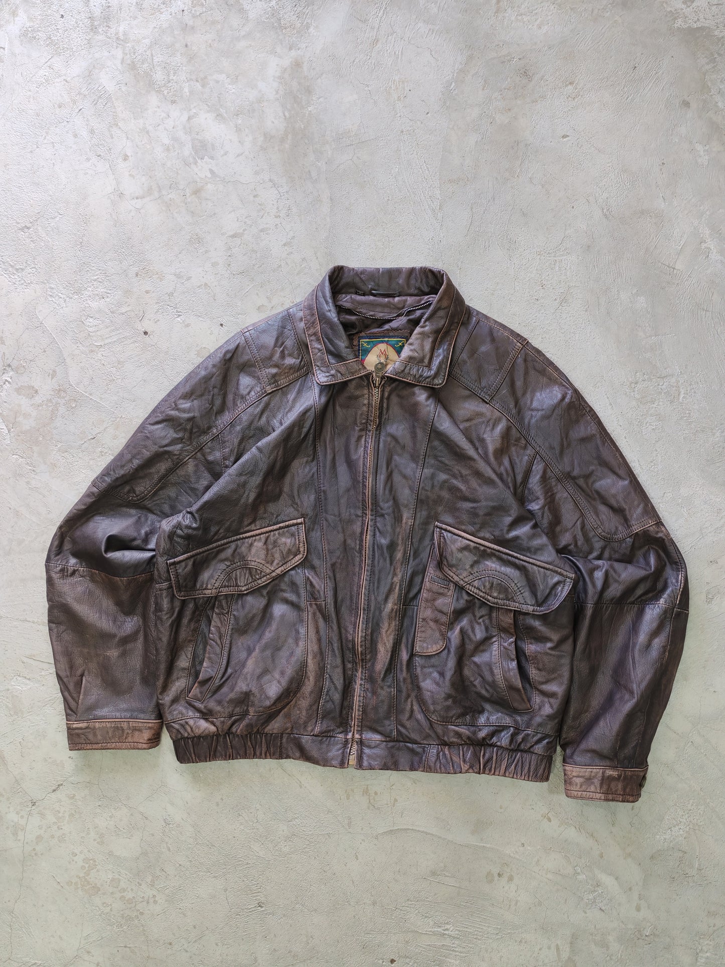 Members Only Quality Leather Bomber Jacket Brown Distressed – L Boxy