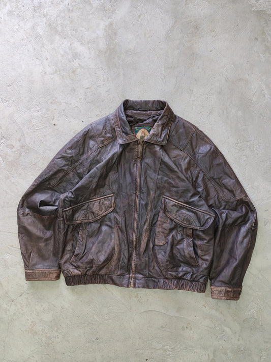 Members Only Quality Leather Bomber Jacket Brown Distressed – L Boxy