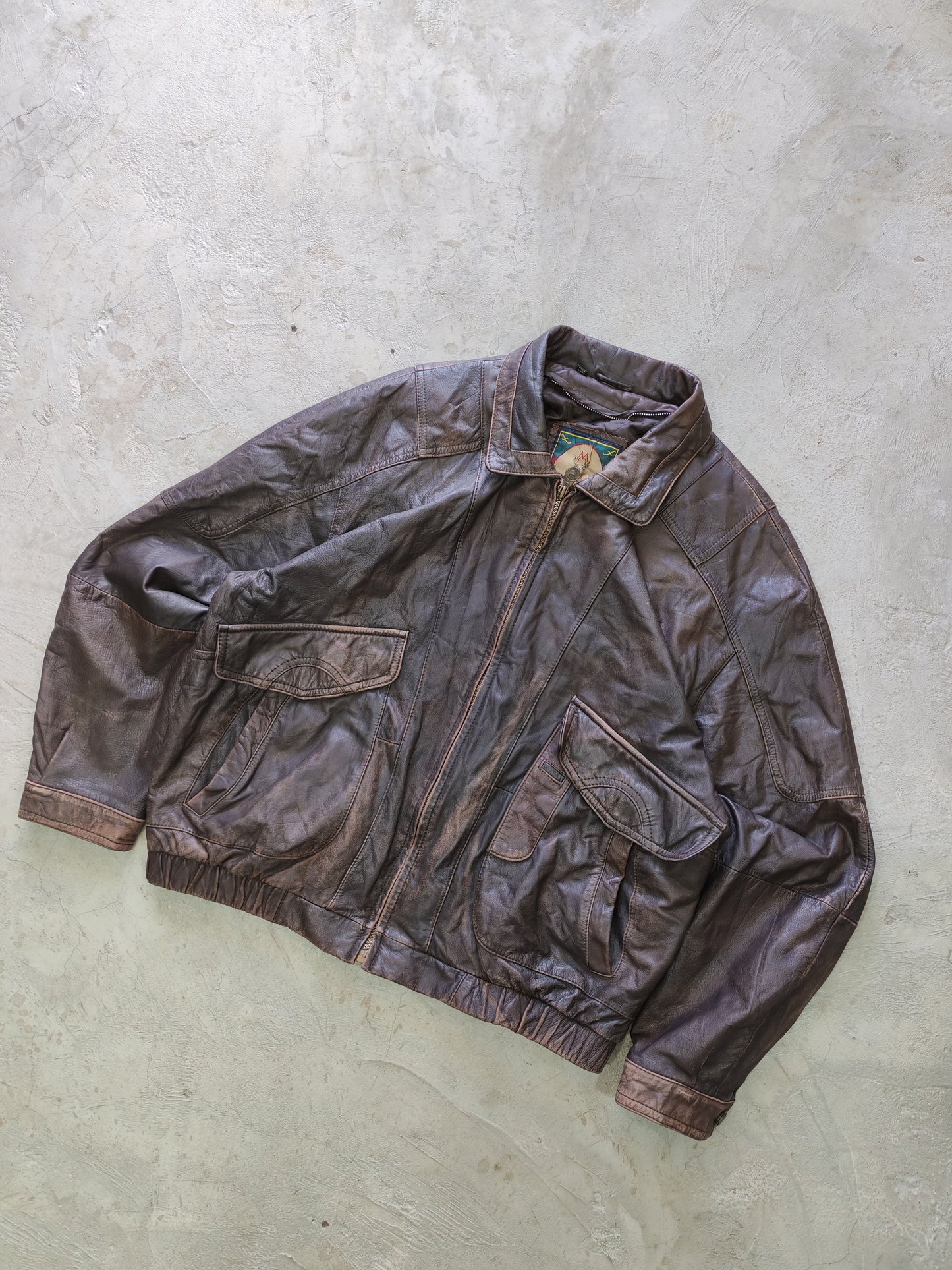 Members Only Quality Leather Bomber Jacket Brown Distressed – L Boxy