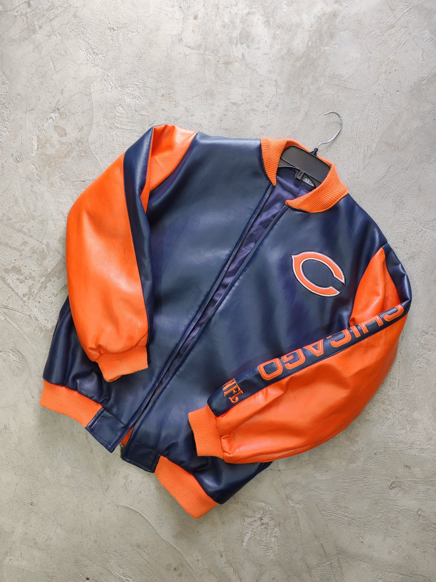 Chicago Bears NFL Faux Leather Bomber Jacket Navy/Orange – M