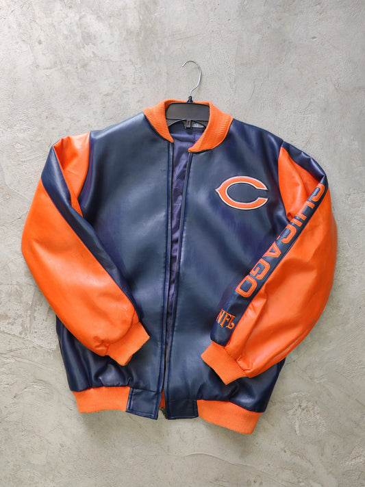 Chicago Bears NFL Faux Leather Bomber Jacket Navy/Orange – M