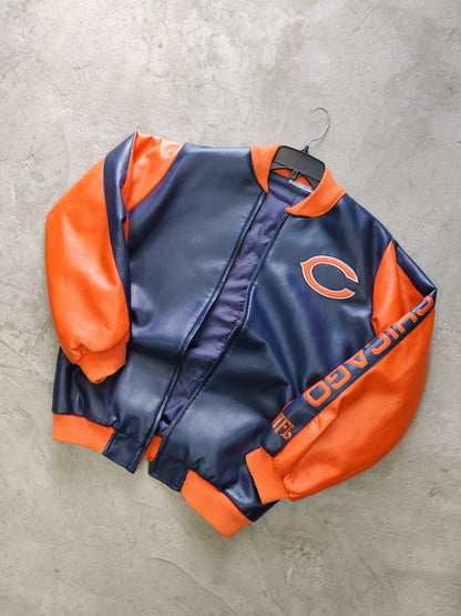 Chicago Bears NFL Faux Leather Bomber Jacket Navy/Orange – M