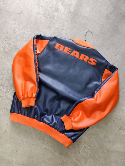 Chicago Bears NFL Faux Leather Bomber Jacket Navy/Orange – M