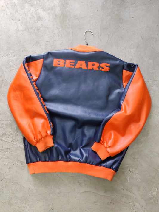 Chicago Bears NFL Faux Leather Bomber Jacket Navy/Orange – M