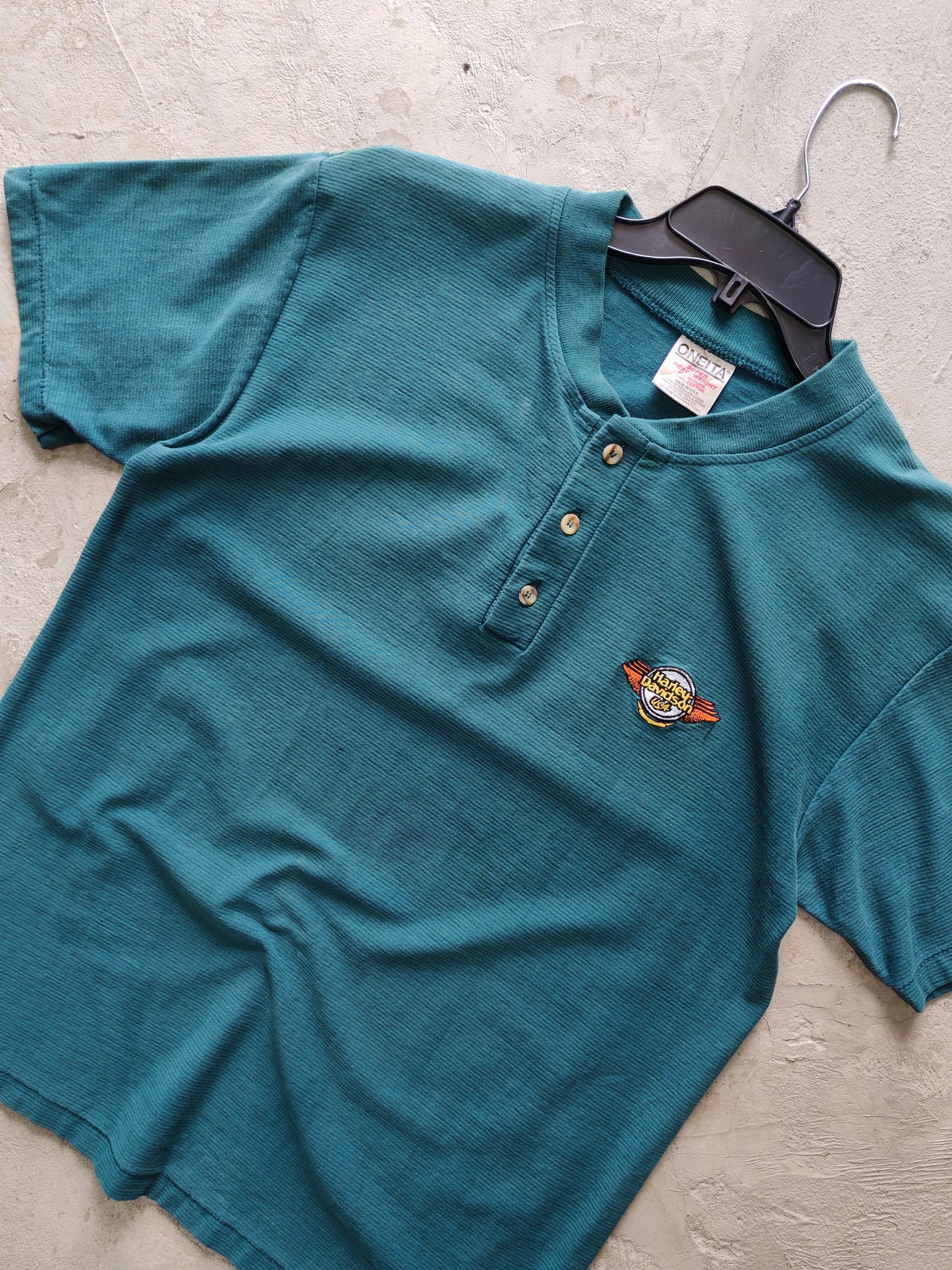 Oneita Harley-Davidson Columbus Henley Tee Teal – M/L