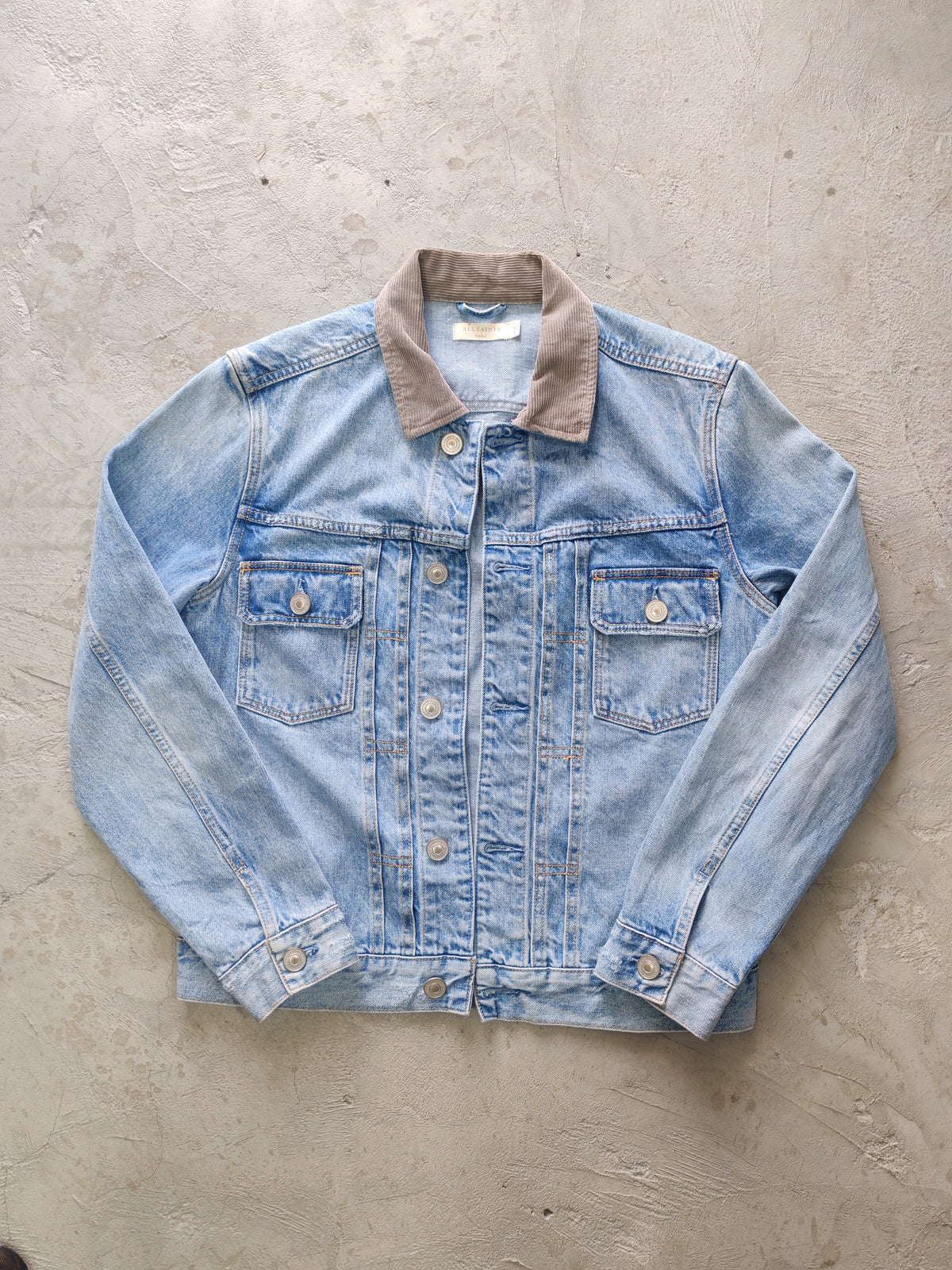 AllSaints Corduroy Collar Distressed Denim Jacket Azul Cielo – S Premium