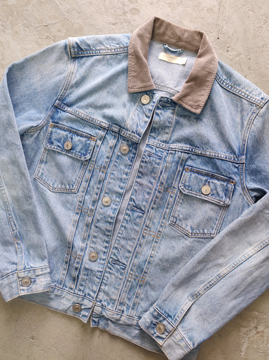 AllSaints Corduroy Collar Distressed Denim Jacket Azul Cielo – S Premium