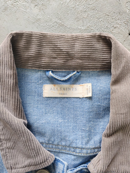 AllSaints Corduroy Collar Distressed Denim Jacket Azul Cielo – S Premium