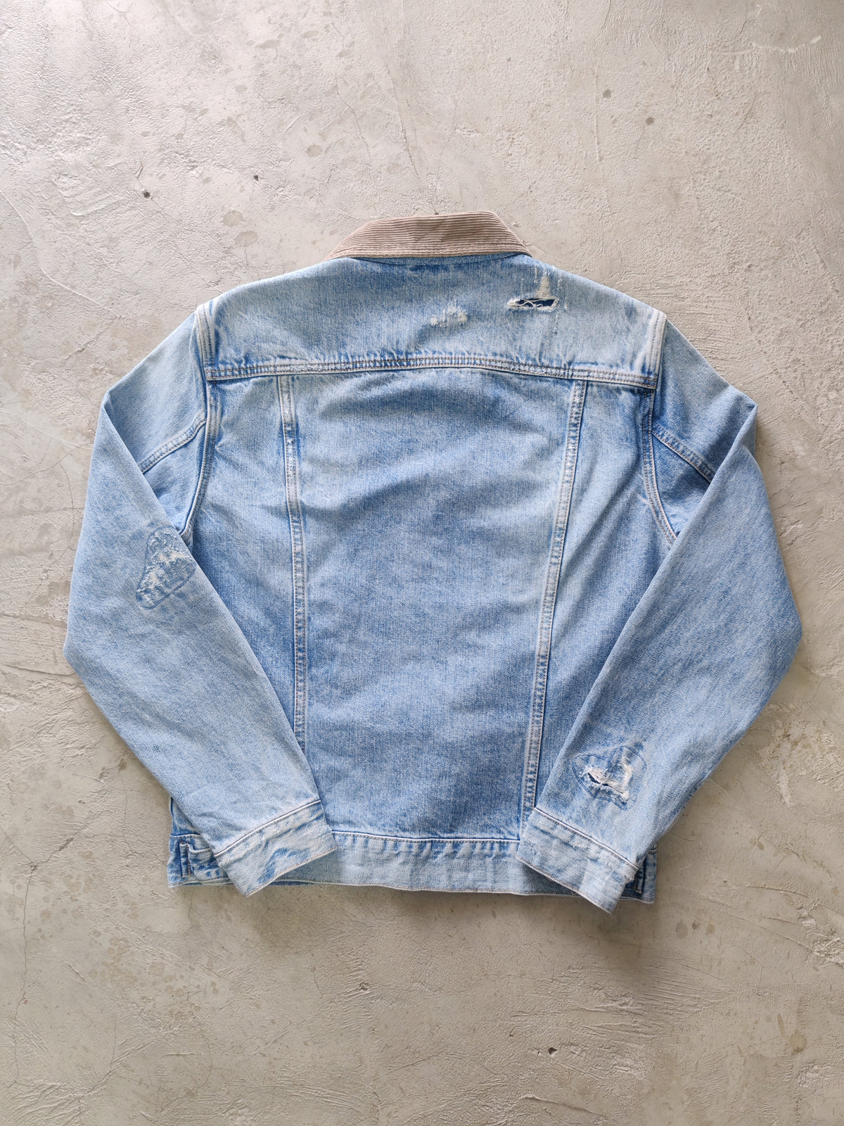 AllSaints Corduroy Collar Distressed Denim Jacket Azul Cielo – S Premium