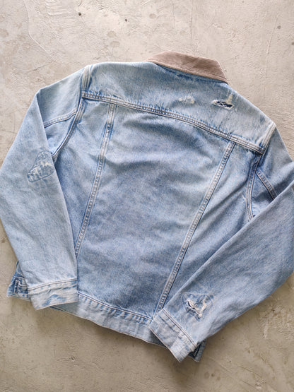 AllSaints Corduroy Collar Distressed Denim Jacket Azul Cielo – S Premium