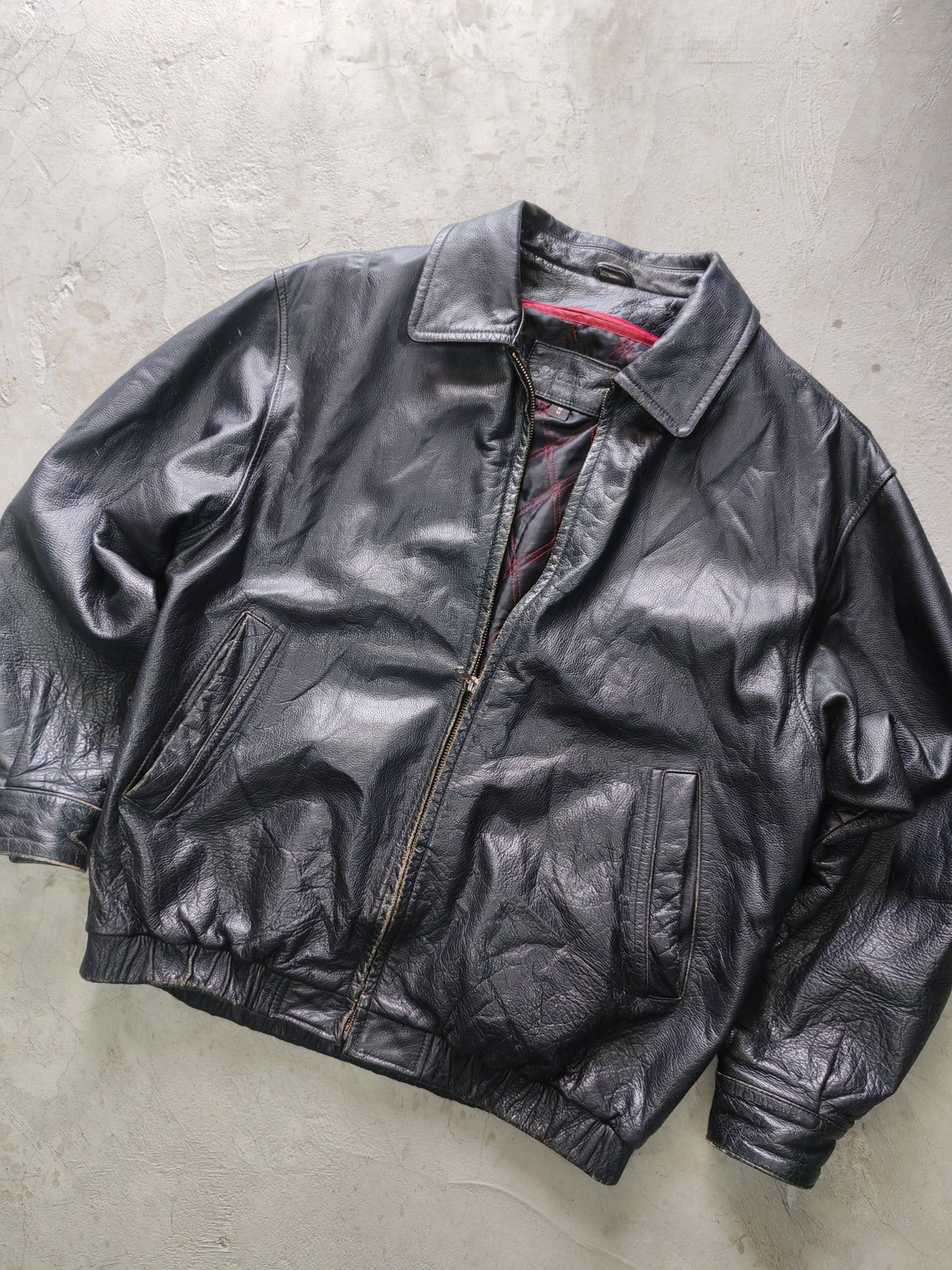 Andrew Marc New York Leather Bomber Jacket Negro Forro Acolchado Rojo – M Americana Vintage Premium