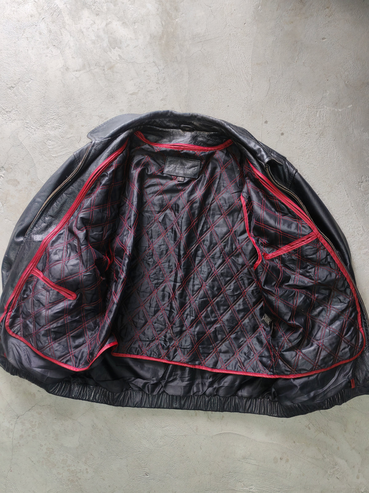 Andrew Marc New York Leather Bomber Jacket Negro Forro Acolchado Rojo – M Americana Vintage Premium