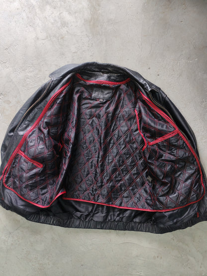 Andrew Marc New York Leather Bomber Jacket Negro Forro Acolchado Rojo – M Americana Vintage Premium