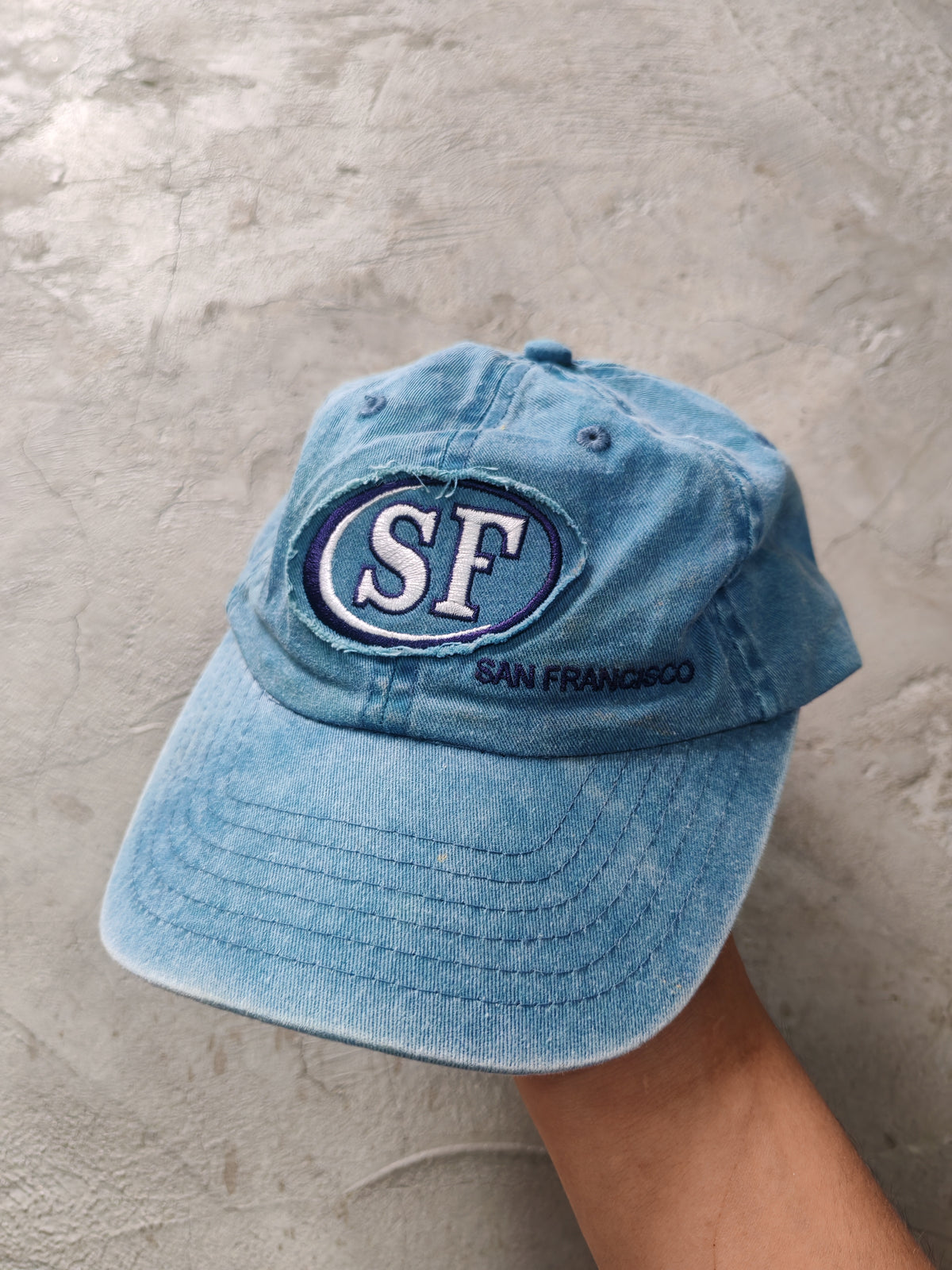 SF San Francisco Washed Denim Dad Cap Azul Claro – Ajustable Souvenir Vintage Streetwear
