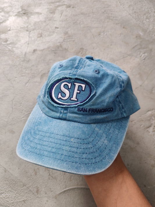 SF San Francisco Washed Denim Dad Cap Azul Claro – Ajustable Souvenir Vintage Streetwear