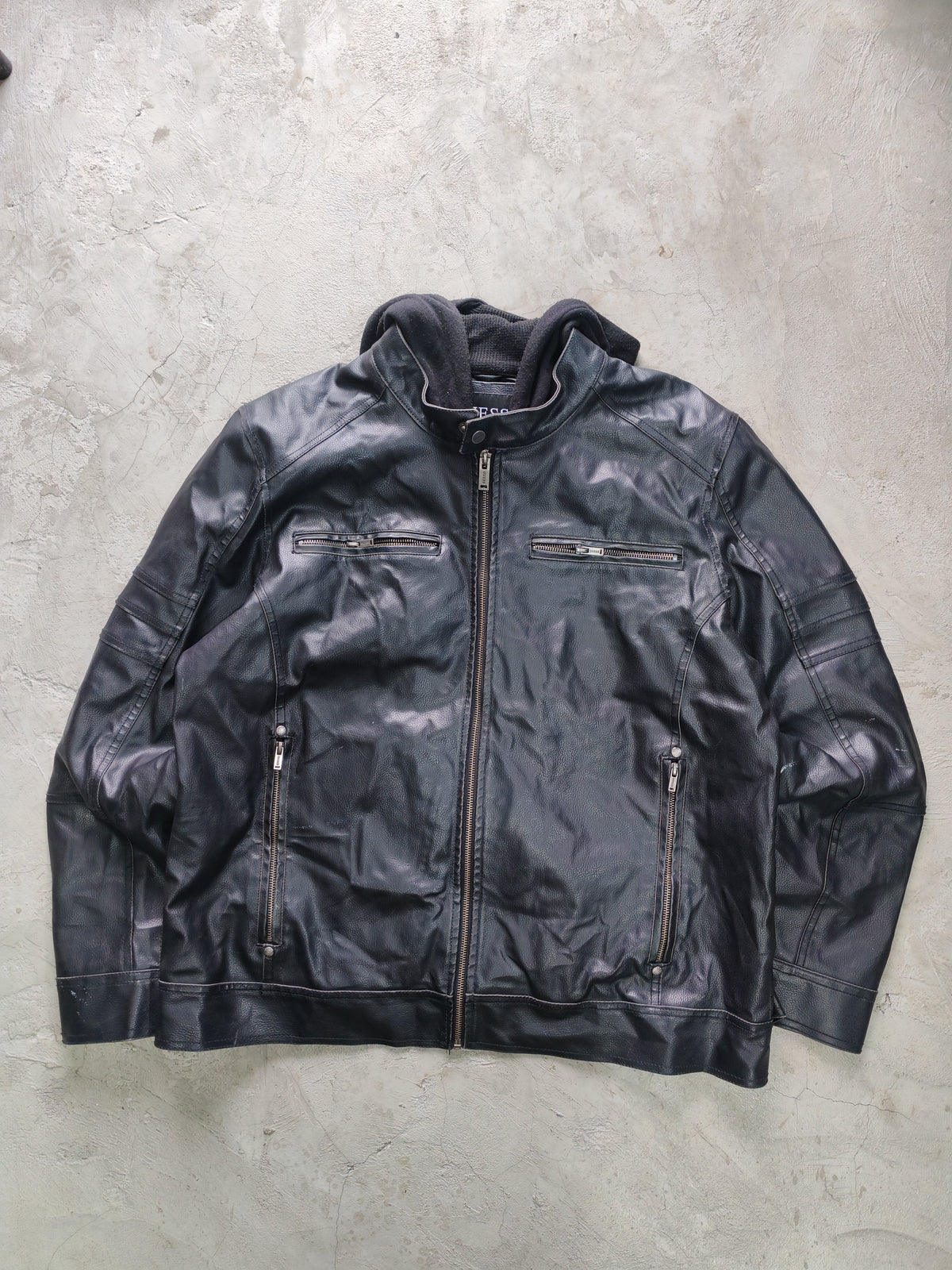 Jacket Guess Negro Moto Capucha Jersey Multi-Zipper Talla L/Over