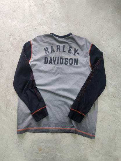 Henley Harley-Davidson Gris Negro Costuras Naranjas Talla XL